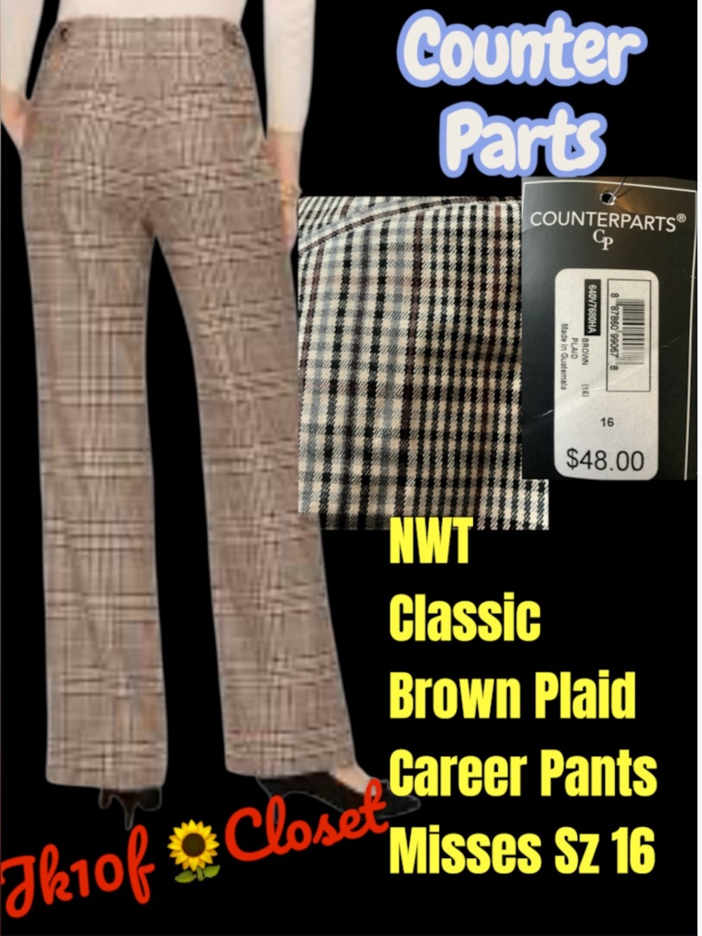 LOWEST🌺COUNTERPARTS MISSES Sz 16 CLASSIC BROWN PLAID TAILORED CAREER DRESS PANTS